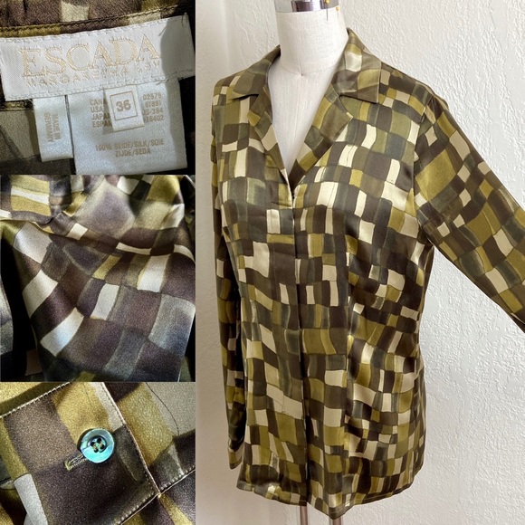 Escada Tops - Vintage Escada Green Silk Abstract Moss Green Blouse